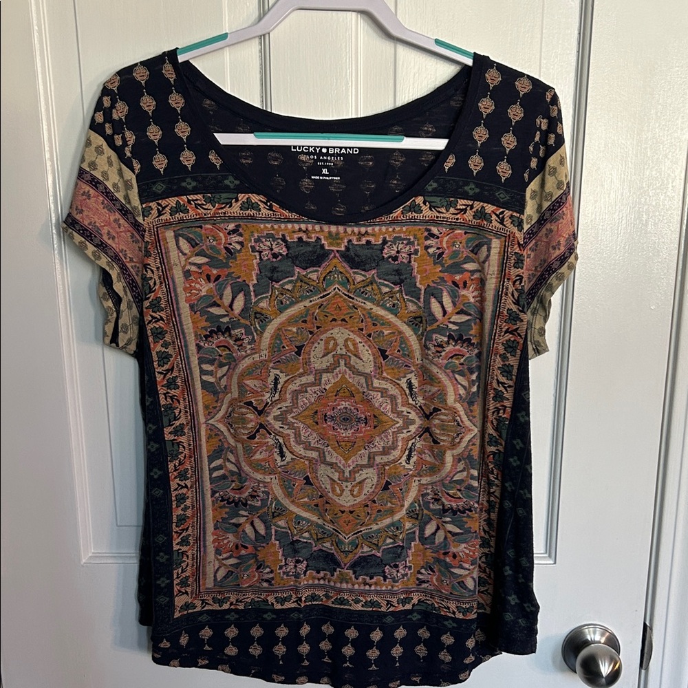 Lucky Brand Women's Navy and Multicolor Short Sleeve Tee